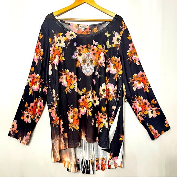 One World Tunic Charming Art Skull Rhinestones Floral Boho Halloween Fall 3X NWT - Picture 1 of 9
